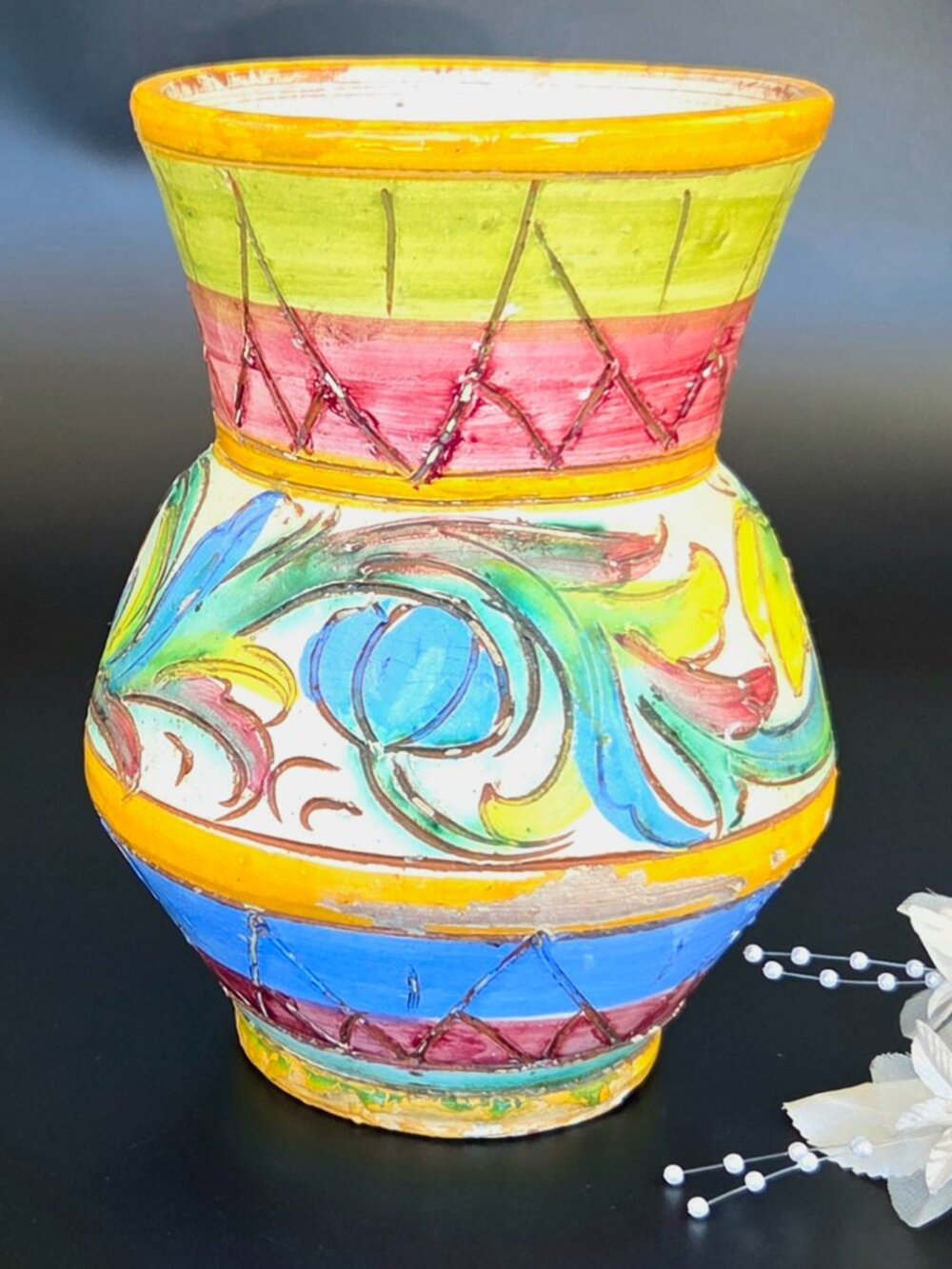 Vintage Italian Majolica Pottery Vase – Hand Painted – Signed – Colorful